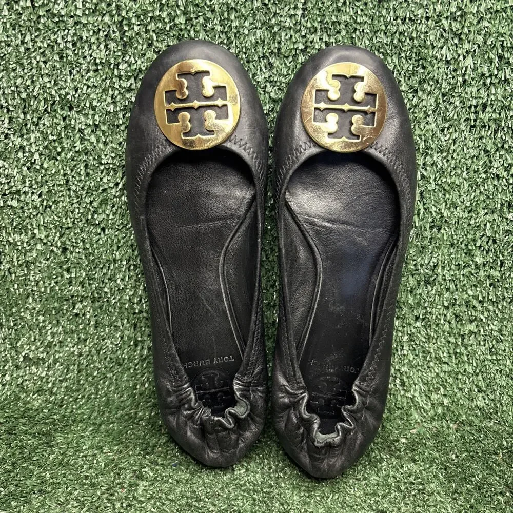 Tory Burch Women's 8 M Black Leather Ballet‎ Flats Round Toe Slip On Logo Accent